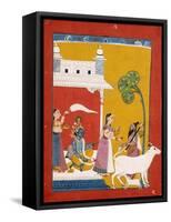 Rukmini Offering Water to the Sage Narada While Her Consort Krishna Sits in Her House-null-Framed Stretched Canvas