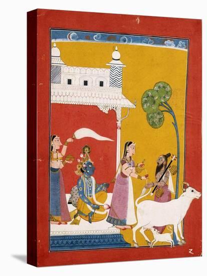 Rukmini Offering Water to the Sage Narada While Her Consort Krishna Sits in Her House-null-Stretched Canvas