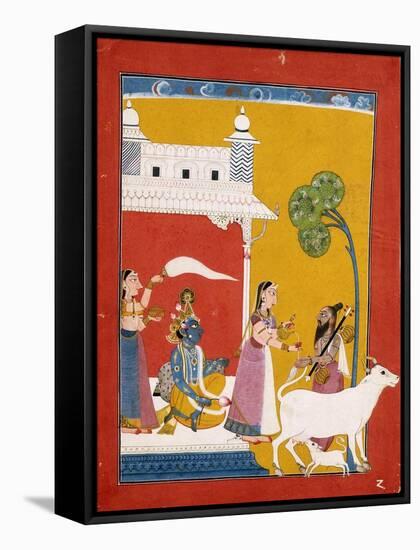 Rukmini Offering Water to the Sage Narada While Her Consort Krishna Sits in Her House-null-Framed Stretched Canvas