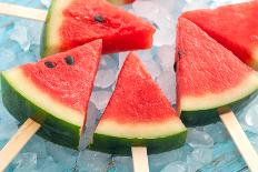 Watermelon Popsicle Raw Food Yummy Fresh Summer Fruit Sweet Dessert on Vintage Old Wood Teak Blue-rukxstockphoto-Stretched Canvas