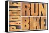 Run, Bike,  Paddle - Triathlon or Recreation Concept - Isolated Word Abstract in Vintage Letterpres-PixelsAway-Framed Stretched Canvas
