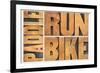 Run, Bike,  Paddle - Triathlon or Recreation Concept - Isolated Word Abstract in Vintage Letterpres-PixelsAway-Framed Photographic Print