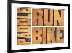 Run, Bike,  Paddle - Triathlon or Recreation Concept - Isolated Word Abstract in Vintage Letterpres-PixelsAway-Framed Photographic Print