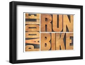 Run, Bike,  Paddle - Triathlon or Recreation Concept - Isolated Word Abstract in Vintage Letterpres-PixelsAway-Framed Photographic Print