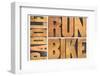 Run, Bike,  Paddle - Triathlon or Recreation Concept - Isolated Word Abstract in Vintage Letterpres-PixelsAway-Framed Photographic Print