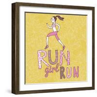 Run, Girl, Run. Cartoon Girl Running. Health Care Concept in Vector-smilewithjul-Framed Art Print