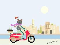 Fashionable Hipster Cat On A Vintage Scooter In A City- Illustration-run4it-Framed Art Print