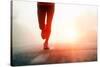 Runner Feet Running on Road Closeup on Shoe. Woman Fitness Sunrise Jog Workout Welness Concept.-warrengoldswain-Stretched Canvas