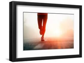 Runner Feet Running on Road Closeup on Shoe. Woman Fitness Sunrise Jog Workout Welness Concept.-warrengoldswain-Framed Photographic Print