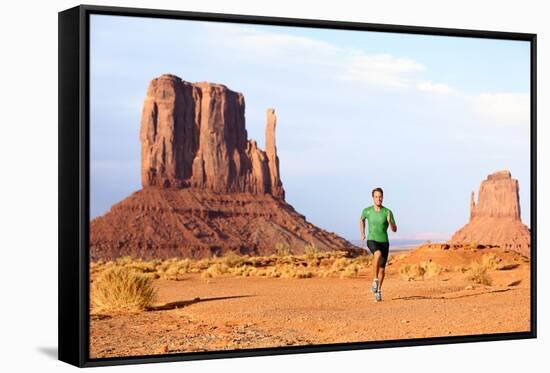 Runner. Running Man Sprinting in Monument Valley. Athlete Runner Cross Country Trail Running Outdoo-Maridav-Framed Stretched Canvas