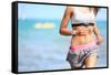 Runner Woman with Heart Rate Monitor Running on Beach with Watch and Sports Bra Top. Beautiful Fit-Maridav-Framed Stretched Canvas