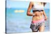 Runner Woman with Heart Rate Monitor Running on Beach with Watch and Sports Bra Top. Beautiful Fit-Maridav-Stretched Canvas