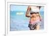 Runner Woman with Heart Rate Monitor Running on Beach with Watch and Sports Bra Top. Beautiful Fit-Maridav-Framed Photographic Print