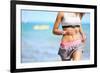 Runner Woman with Heart Rate Monitor Running on Beach with Watch and Sports Bra Top. Beautiful Fit-Maridav-Framed Photographic Print