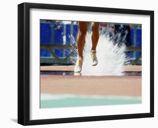 Runners Legs Splashing Through Water Jump of Track and Field Steeplechase Race, Sydney, Australia-Paul Sutton-Framed Photographic Print