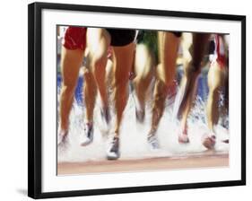 Runners Legs Splashing Through Water Jump of Track and Field Steeplechase Race, Sydney, Australia-Paul Sutton-Framed Photographic Print