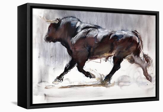 Running Bull, 2022, (charcoal and pastel on paper)-Mark Adlington-Framed Stretched Canvas