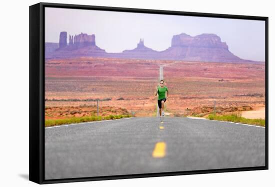 Running Man - Runner Sprinting on Road by Monument Valley. Concept with Sprinting Fast Training For-Maridav-Framed Stretched Canvas