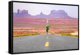 Running Man - Runner Sprinting on Road by Monument Valley. Concept with Sprinting Fast Training For-Maridav-Framed Stretched Canvas