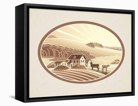 Rural Landscape in the Frame in Monochrome Color, a Graphic Design Element for the Create of the La-Rustic-Framed Stretched Canvas