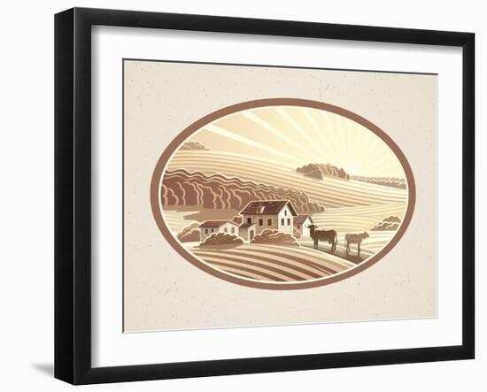 Rural Landscape in the Frame in Monochrome Color, a Graphic Design Element for the Create of the La-Rustic-Framed Art Print