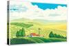 Rural Landscape with a Beautiful View of Distant Fields and Hills. Vector Illustration.-Rustic-Stretched Canvas