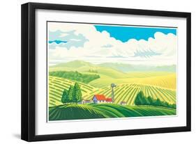 Rural Landscape with a Beautiful View of Distant Fields and Hills. Vector Illustration.-Rustic-Framed Art Print