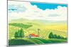 Rural Landscape with a Beautiful View of Distant Fields and Hills. Vector Illustration.-Rustic-Mounted Art Print