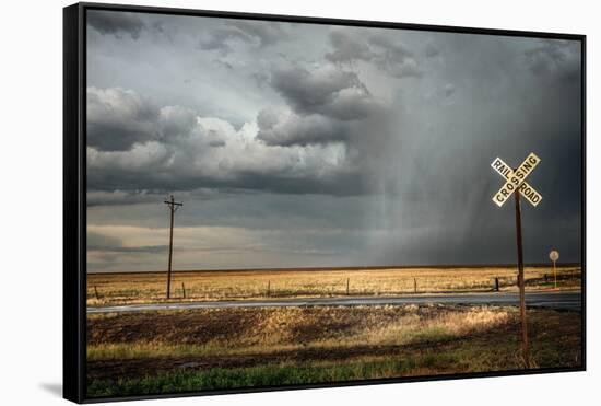 Rural Landscape with Dramatic Sky over Railway Crossing in America-null-Framed Stretched Canvas