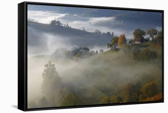 Rural Landscape with Morning Mist Near Zarnesti, Transylvania, Carpathian Mountains, Romania-Dörr-Framed Stretched Canvas