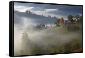 Rural Landscape with Morning Mist Near Zarnesti, Transylvania, Carpathian Mountains, Romania-Dörr-Framed Stretched Canvas