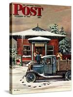 "Rural Post Office at Christmas," Saturday Evening Post Cover, December 13, 1947-Stevan Dohanos-Stretched Canvas