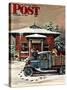 "Rural Post Office at Christmas," Saturday Evening Post Cover, December 13, 1947-Stevan Dohanos-Stretched Canvas