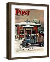 "Rural Post Office at Christmas," Saturday Evening Post Cover, December 13, 1947-Stevan Dohanos-Framed Premium Giclee Print