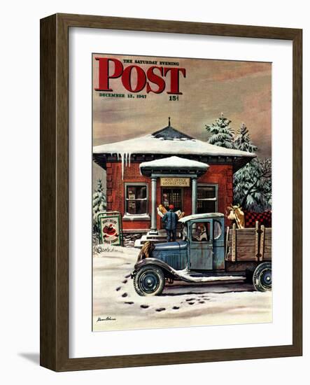 "Rural Post Office at Christmas," Saturday Evening Post Cover, December 13, 1947-Stevan Dohanos-Framed Premium Giclee Print