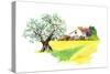 Rural Provencal Farm House, Olive Tree and Yellow Field - Wheat, Sunflower - in Provence, France. W-Le Panda-Stretched Canvas