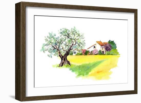 Rural Provencal Farm House, Olive Tree and Yellow Field - Wheat, Sunflower - in Provence, France. W-Le Panda-Framed Art Print