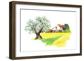 Rural Provencal Farm House, Olive Tree and Yellow Field - Wheat, Sunflower - in Provence, France. W-Le Panda-Framed Art Print