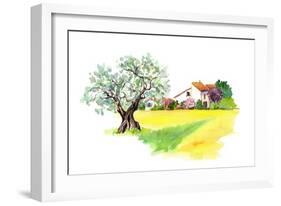 Rural Provencal Farm House, Olive Tree and Yellow Field - Wheat, Sunflower - in Provence, France. W-Le Panda-Framed Art Print