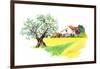 Rural Provencal Farm House, Olive Tree and Yellow Field - Wheat, Sunflower - in Provence, France. W-Le Panda-Framed Art Print