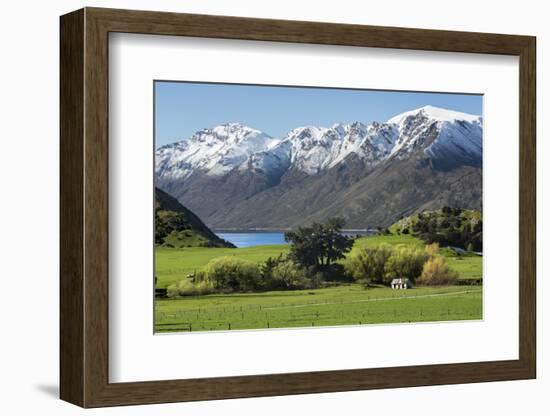 Rural scene of Lake Wanaka backed by snow capped mountains, New Zealand-Ed Rhodes-Framed Photographic Print