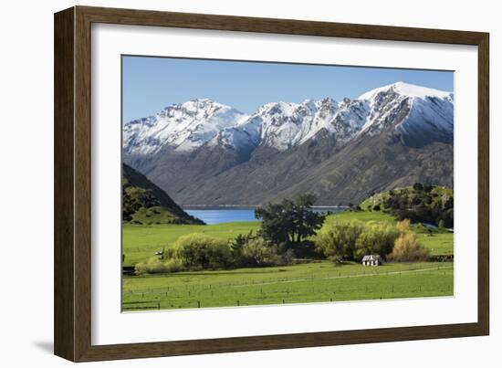 Rural scene of Lake Wanaka backed by snow capped mountains, New Zealand-Ed Rhodes-Framed Photographic Print