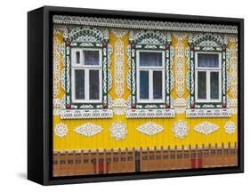 Russia, Ivanovo Oblast, Golden Ring, Plyos, House with Traditional Russian Architecture-Walter Bibikow-Framed Stretched Canvas