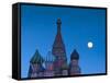 Russia, Moscow, Red Square, Kremlin, St. Basils Cathedral with Moonrise-Walter Bibikow-Framed Stretched Canvas