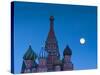Russia, Moscow, Red Square, Kremlin, St. Basils Cathedral with Moonrise-Walter Bibikow-Stretched Canvas