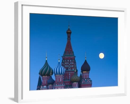 Russia, Moscow, Red Square, Kremlin, St. Basils Cathedral with Moonrise-Walter Bibikow-Framed Photographic Print