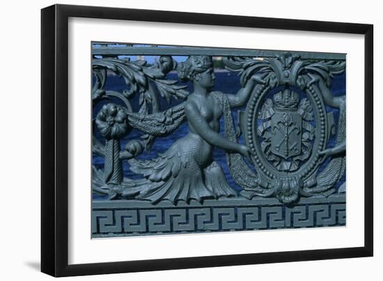 Russia, Saint Petersburg, Detail of Wrought Iron Bridge Parapet with City's Coats of Arms-null-Framed Giclee Print