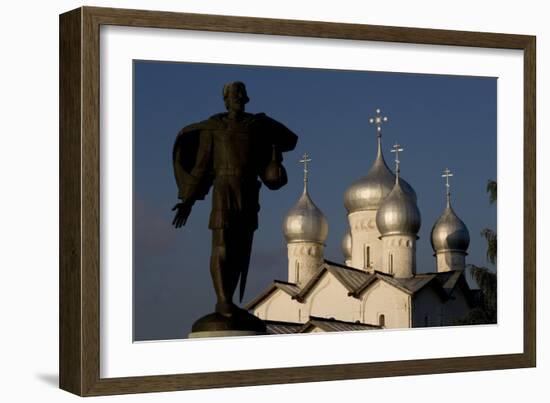 Russia, Veliky Novgorod, Alexander Nevsky Statue and Domes of Church of Saints Boris and Gleb-null-Framed Giclee Print