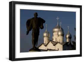 Russia, Veliky Novgorod, Alexander Nevsky Statue and Domes of Church of Saints Boris and Gleb-null-Framed Giclee Print
