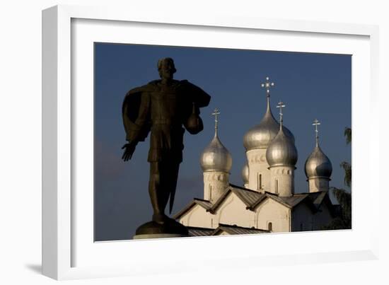 Russia, Veliky Novgorod, Alexander Nevsky Statue and Domes of Church of Saints Boris and Gleb-null-Framed Giclee Print